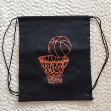 Basketball Cinch Sack Bag * Black w/Orange Basketball + Hoop * 14.5" x 17" * NEW