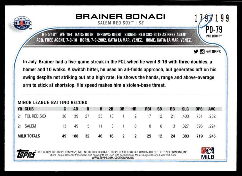 2022 Topps Pro Debut PINK /199 Brainer Bonaci Salem Red Sox #PD-79 R73 - Image 2 of 2