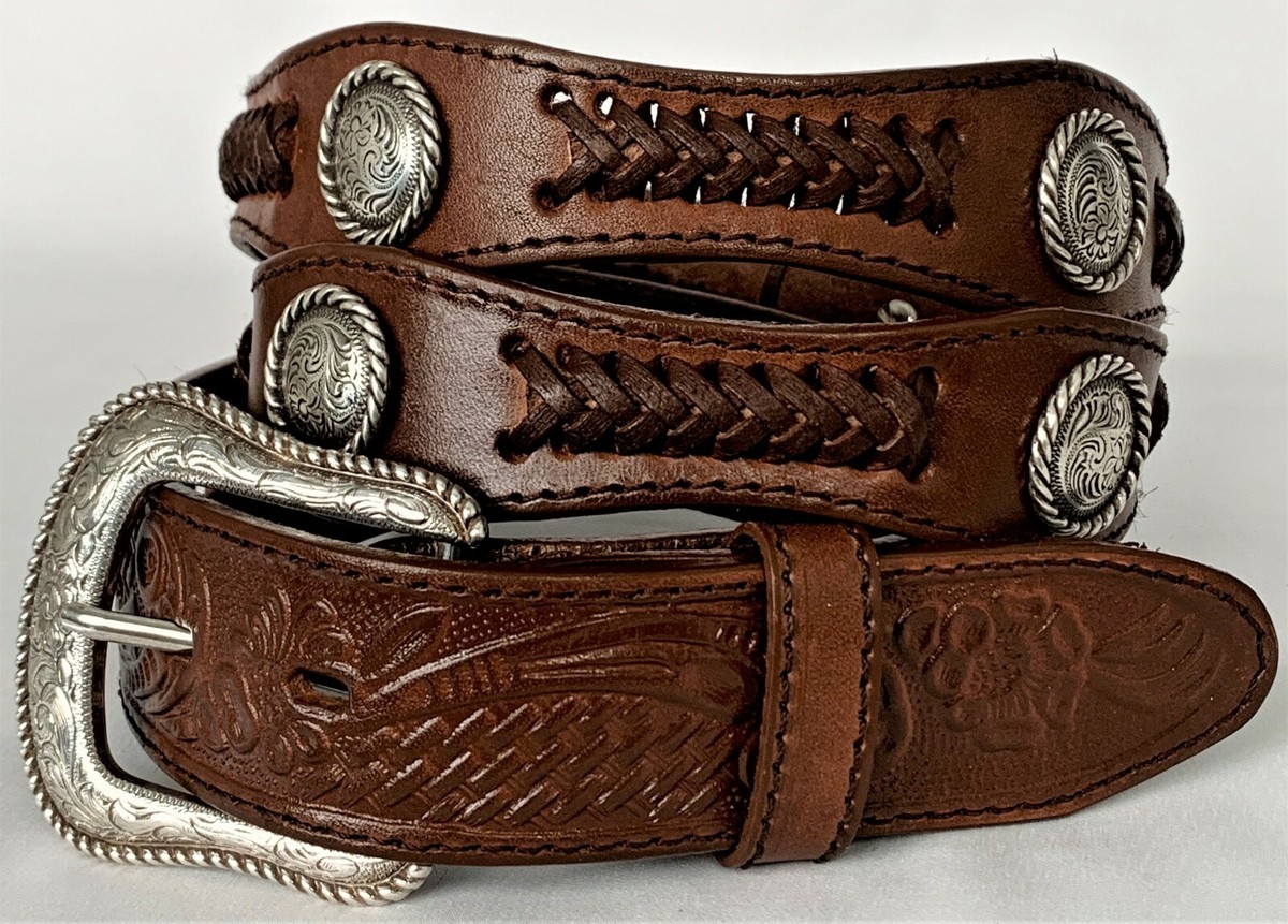 WESTERN BELTS 44 Brown Leather Tooled Laced Conchos Stitched  display picture 3