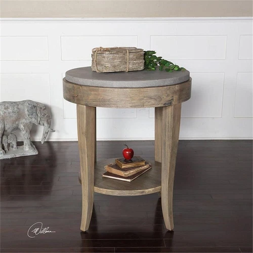 Uttermost Deka Round Contemporary Wood and Concrete Accent Table in Brown - Picture 2 of 7