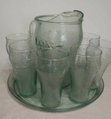 Coca Cola Pebbled Green Glass Pitcher, 8 Glasses and Tray Set