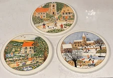 Set Of 3 Vintage 10” Stove Burner Covers, Enamel Ware, English Village, Folk Art
