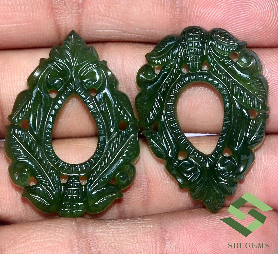 36x26 mm Natural Serpentine Hand Made Carving Pair 50.86 CTS Loose Gemstones - Image 3 of 4