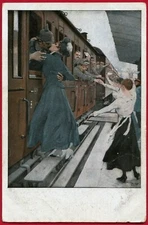 Antique Postcard WAR MILITARY ECHELON. LAST KISS Couples Men Women OLD Russian