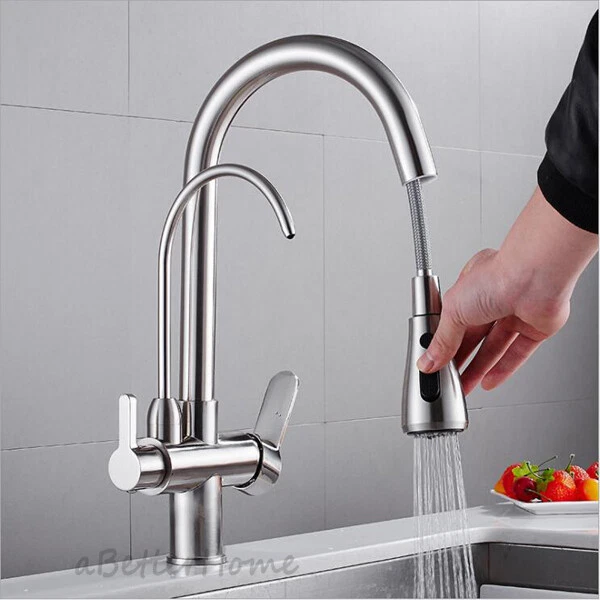 Chrome Kitchen Sink Pull Out 3 Way Mixer Tap Swivel Spout Water Purifier Faucets - Image 2 of 4
