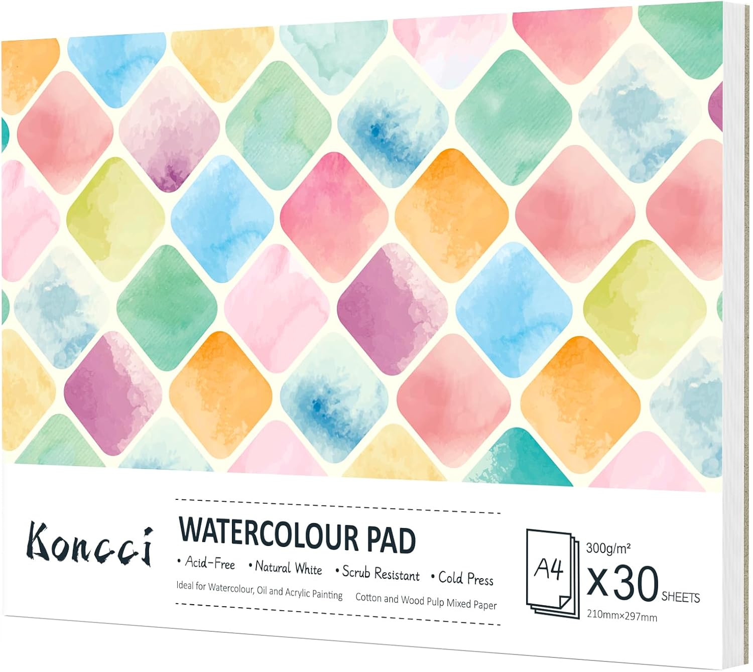KONCCI Watercolour Paper Pad A4, 30 Sheets Watercolour Sketchbook 300GSM, Cotton