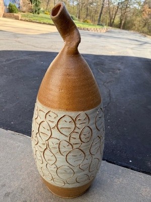 Large Studio Pottery Vase Figural Faces Carved Mid Century Modern Sculptural 28 