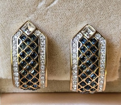  Eclectica  Swarovski  Demi-Hoop Clip-On Earrings 1980s Dark Blue Crystal