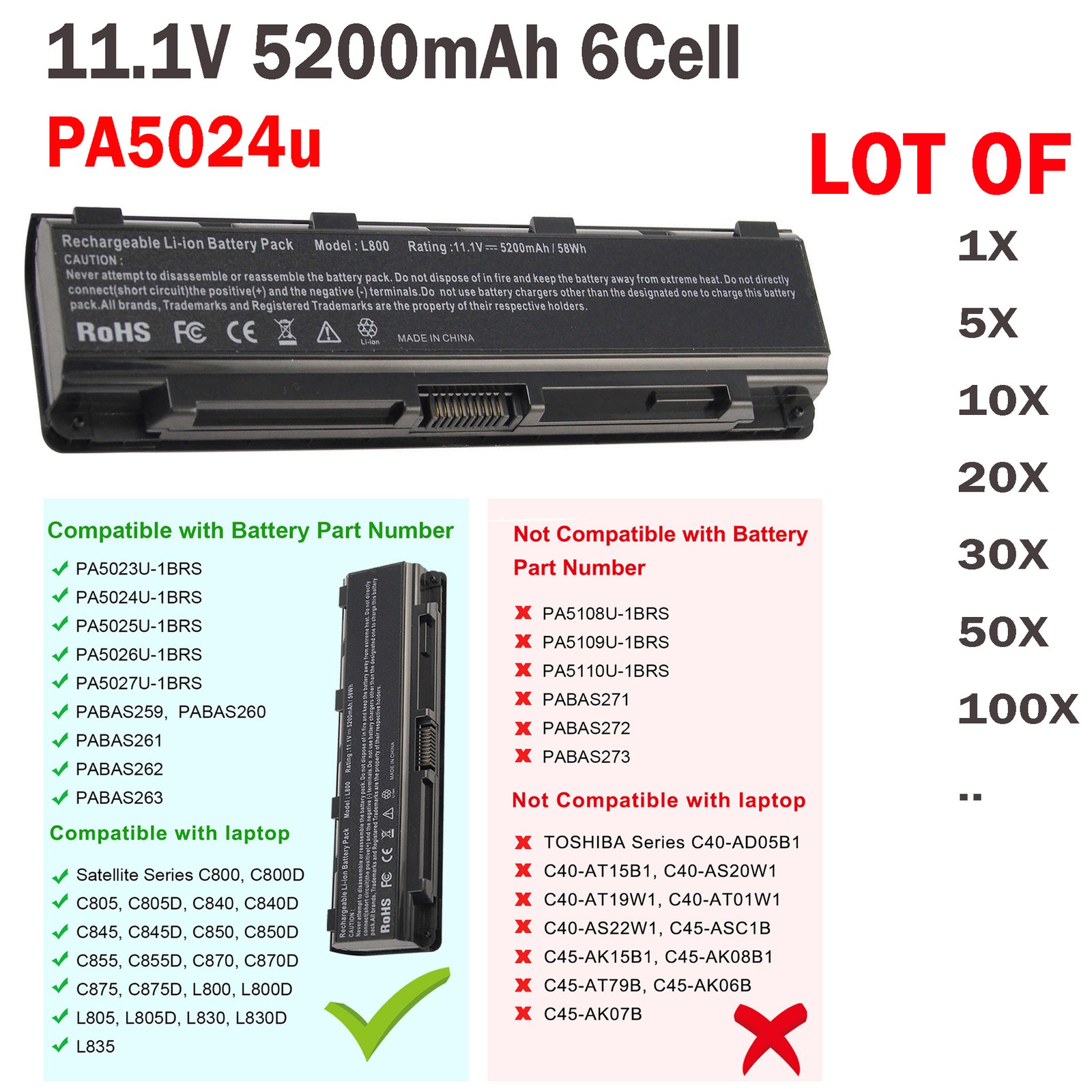 ❤️LOT PA5024U-1BRS Battery For Toshiba Satellite C805 C850 P800 PABAS260 5200mAh