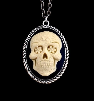 Sugar Skull Cameo Necklace, Vtg Gothic Steampunk Pendant, Day of the Dead