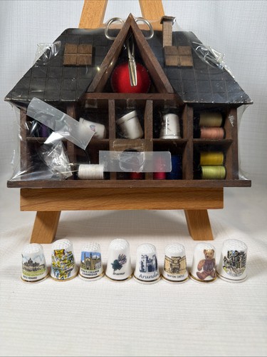 Vintage Wooden House Sewing Box Kit Sealed and Lot of 8 Souvenir Thimbles UK