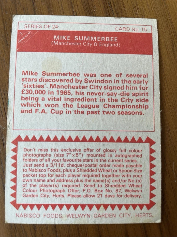 Mike Summerbee Nabisco Foods Ltd 1969-70 Footballers #15 Manchester City England - Image 2 of 2