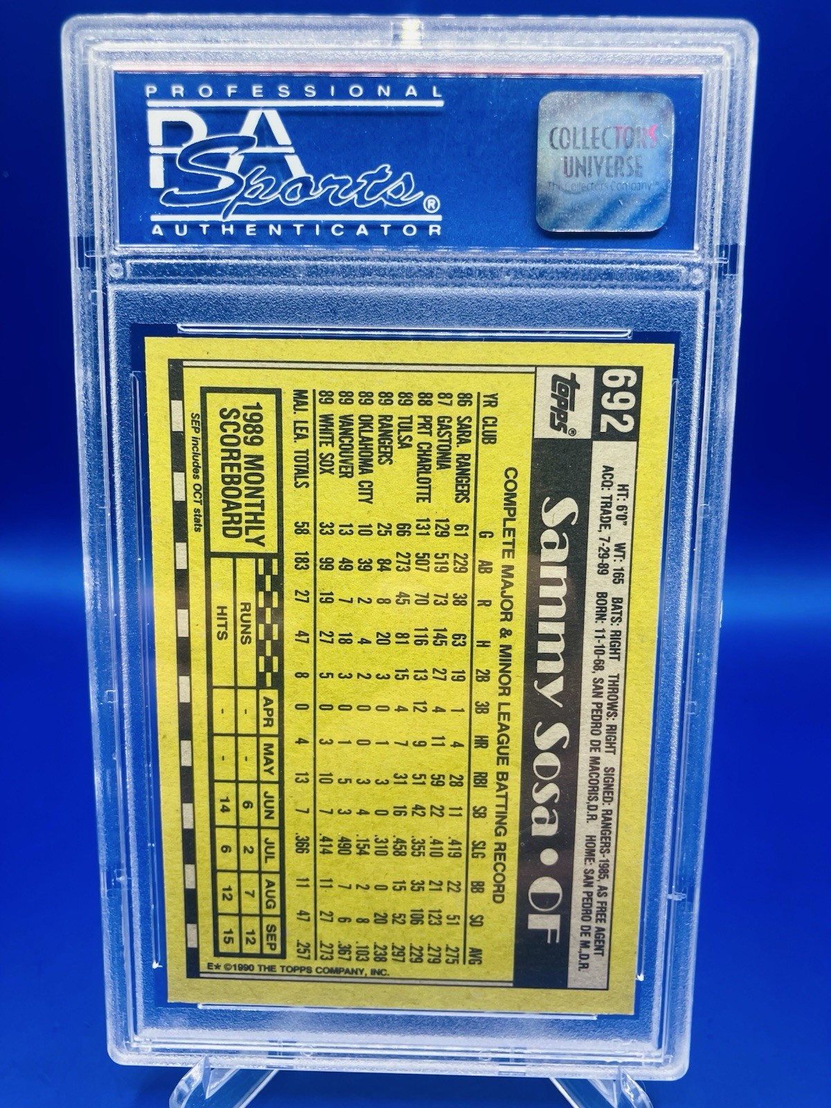 1990 Topps - Sammy Sosa #692 Rookie RC White Sox Cubs PSA view 2