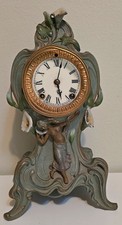 Antique Art Nouveau Ansonia Topless Woman & Lilies Metal Mantel Clock