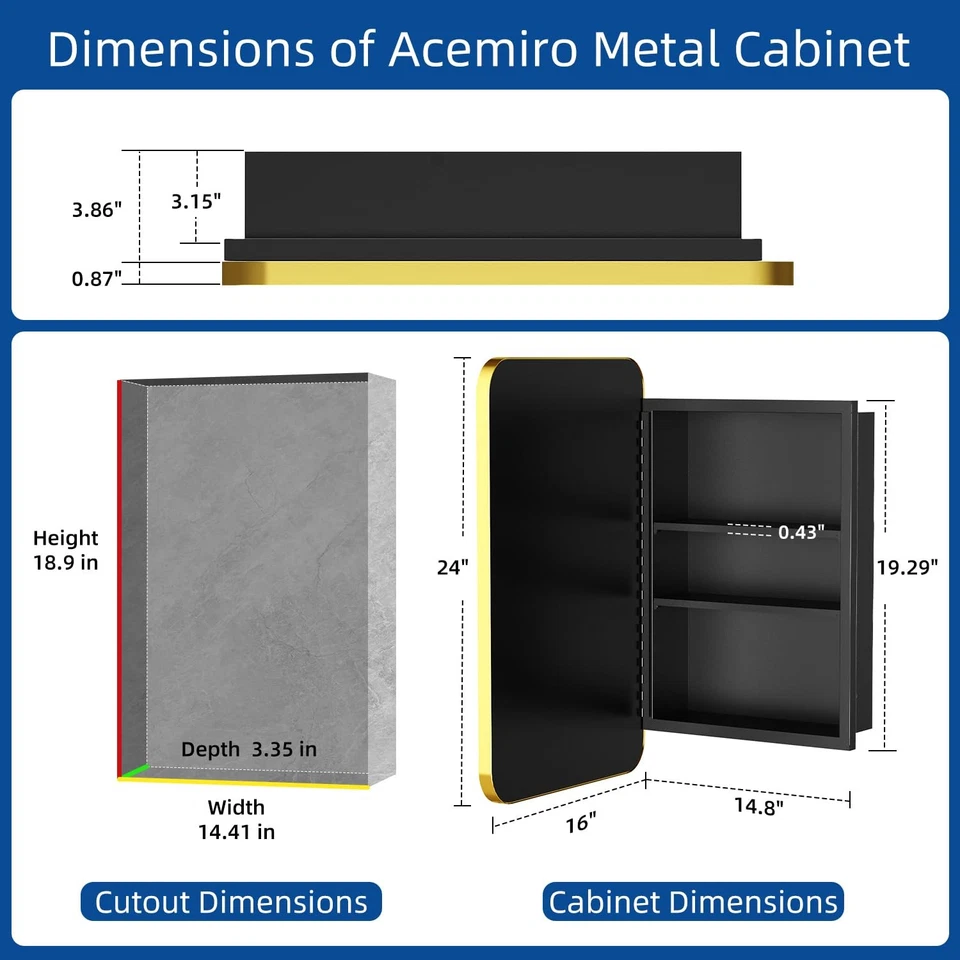 Mueble de medicina con espejo de 16x24 pulgadas para baño marco de metal dorado baño med... Foto 2 de 4