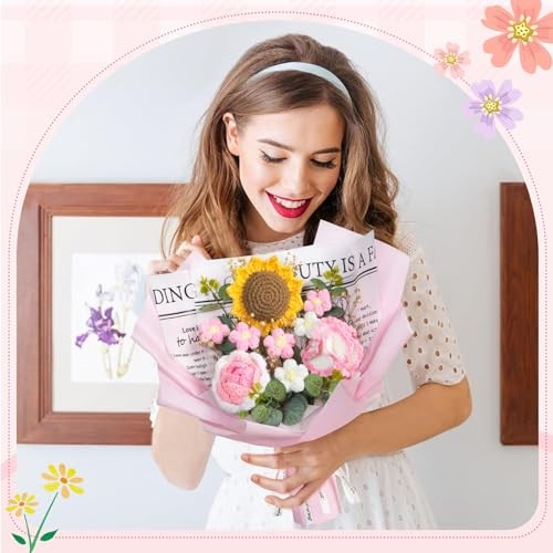 MEIVINES Handmade Crochet Flowers Bouquet,knitted Sunflower-Pink