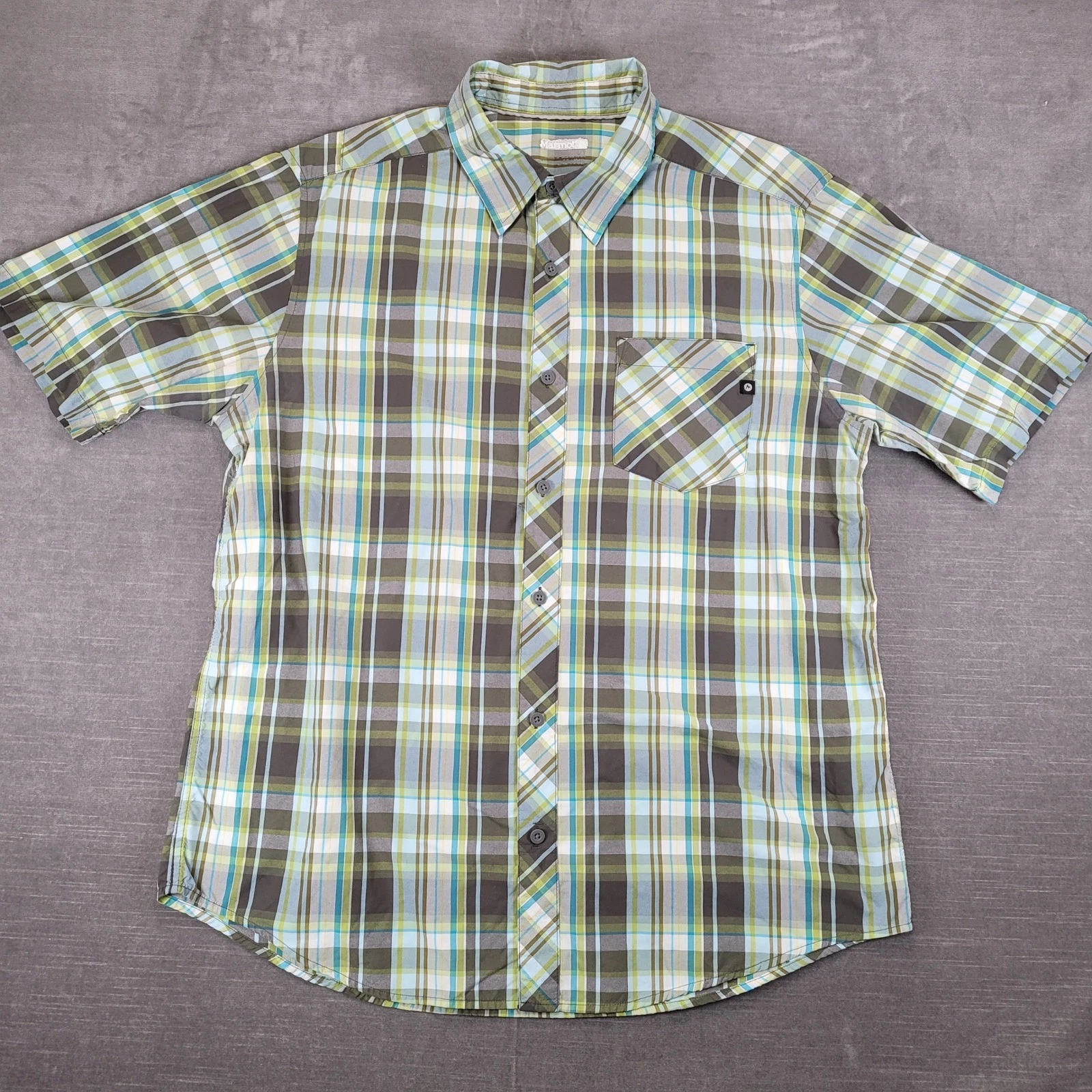 Marmot Mens Large Short Sleeve Button Up Plaid Hiking Shirt Green Blue Gray
Opens in a new window or