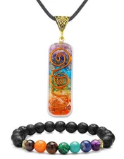 7 Chakra Healing Pendant Necklace AND Chakra Lava Bracelet Set for women & men