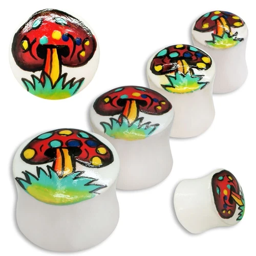 Double Flared Tunnel Tube from Wood White Mushroom Motif Polkadot 8 10 12 16 MM