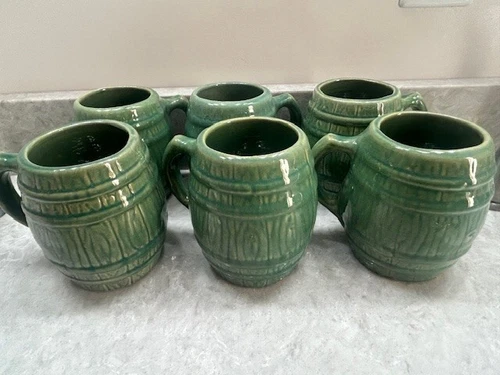 1920s Nelson McCoy Sanitary Stoneware Co. 6 Barrel Mugs Green Circle Shield 4