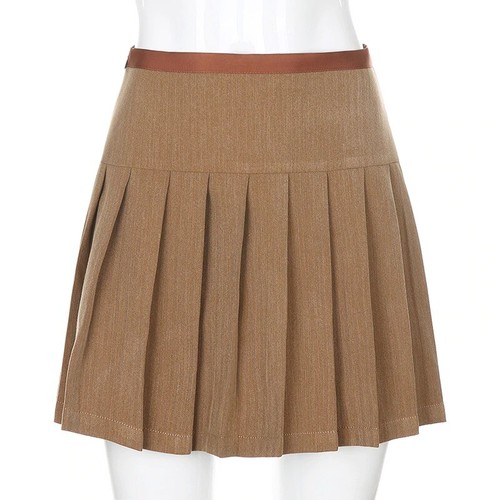 Khaki High Waist Pleated Mini Skirt Summer Hippie Tie Up Ribbon Zipper Bottoms - Bild 14 von 15