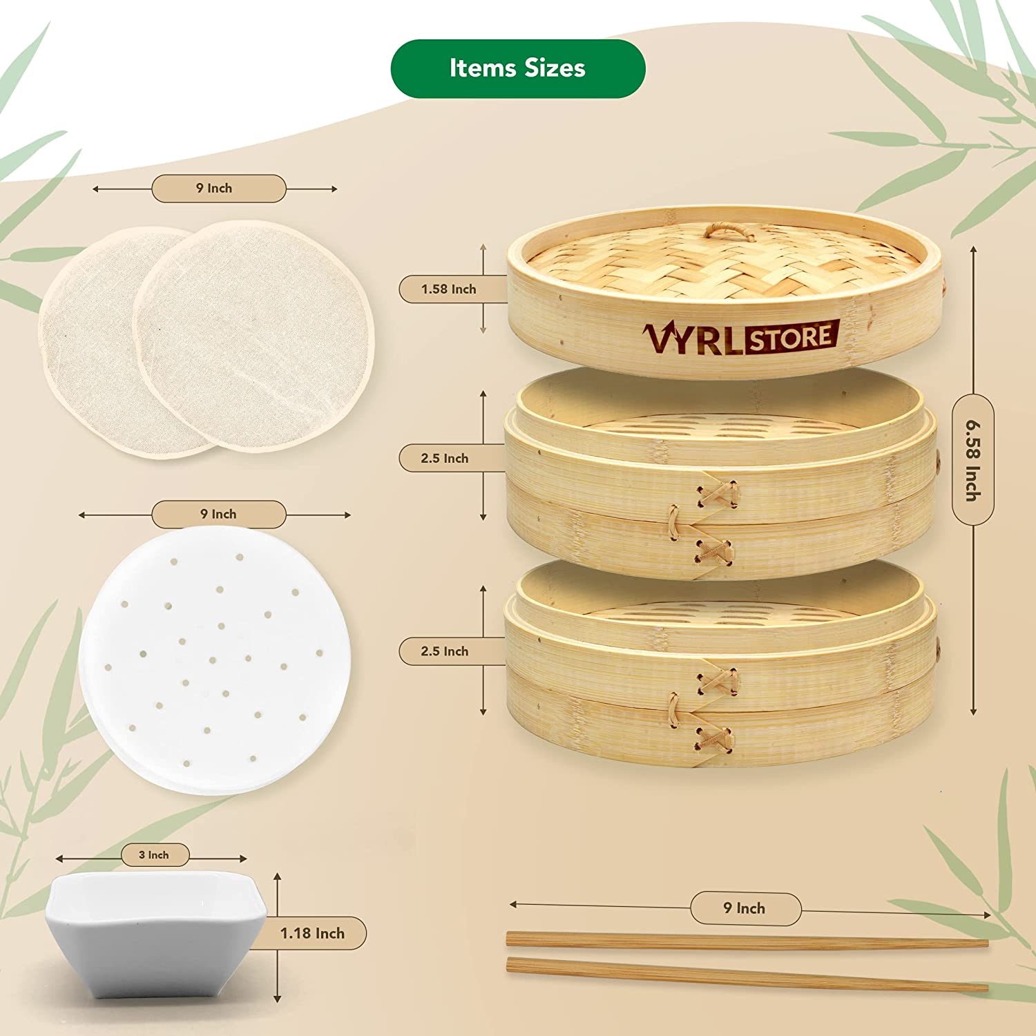 VYRL Bamboo Steamer 10 Inch 2 Tier Bamboo Dumpling Steamer, 4 Pairs