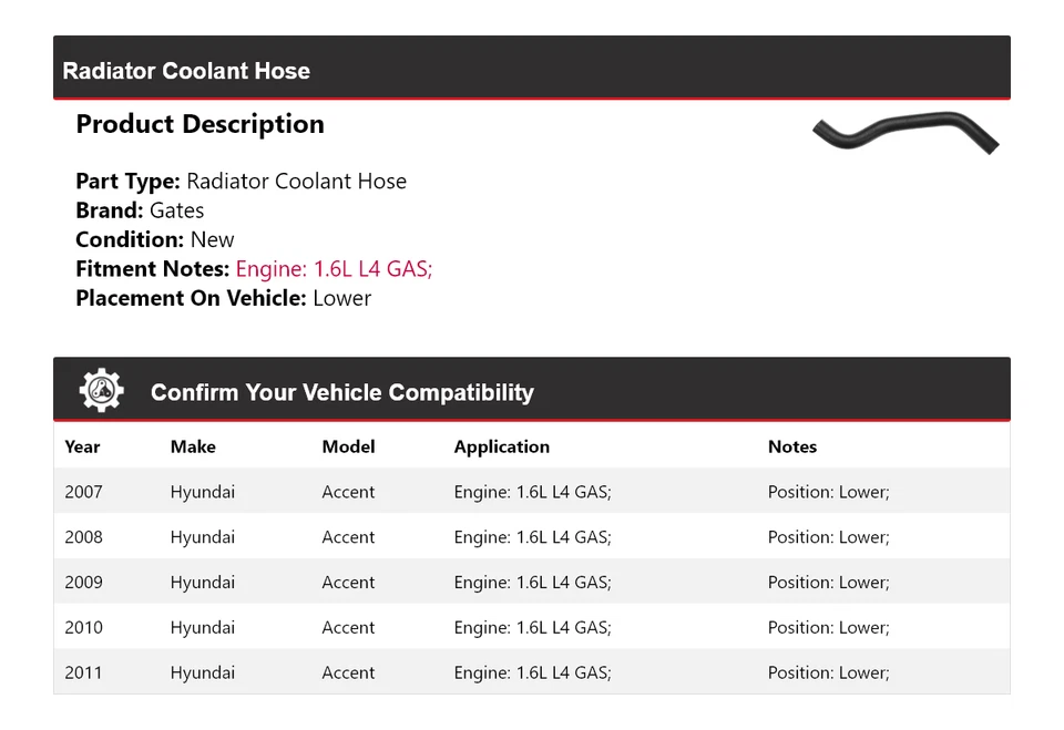 Для 2007-2011 Hyundai Accent 1,6 л L4 газовый радиатор охлаждающая жидкость шланг нижние ворота 2008 - Изображение 2 из 4