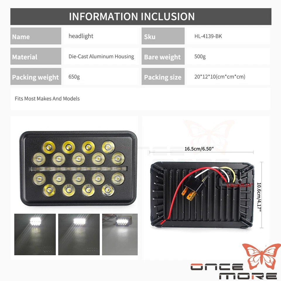 Faro LED rectangular carcasa negra 4"x6" con haz alto/bajo DRL 9W/54W/30W Foto 2 de 4