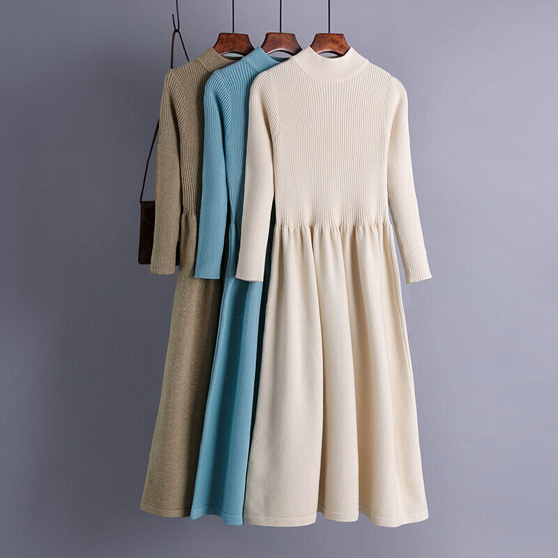 mock neck winter dress Stichou Women's Sweater Dresses Ribbed Knit Long Sleeve Casual Pleated Plain Dress Fall Winter Trendy Mock Neck Midi Dress Dark Green 2XL