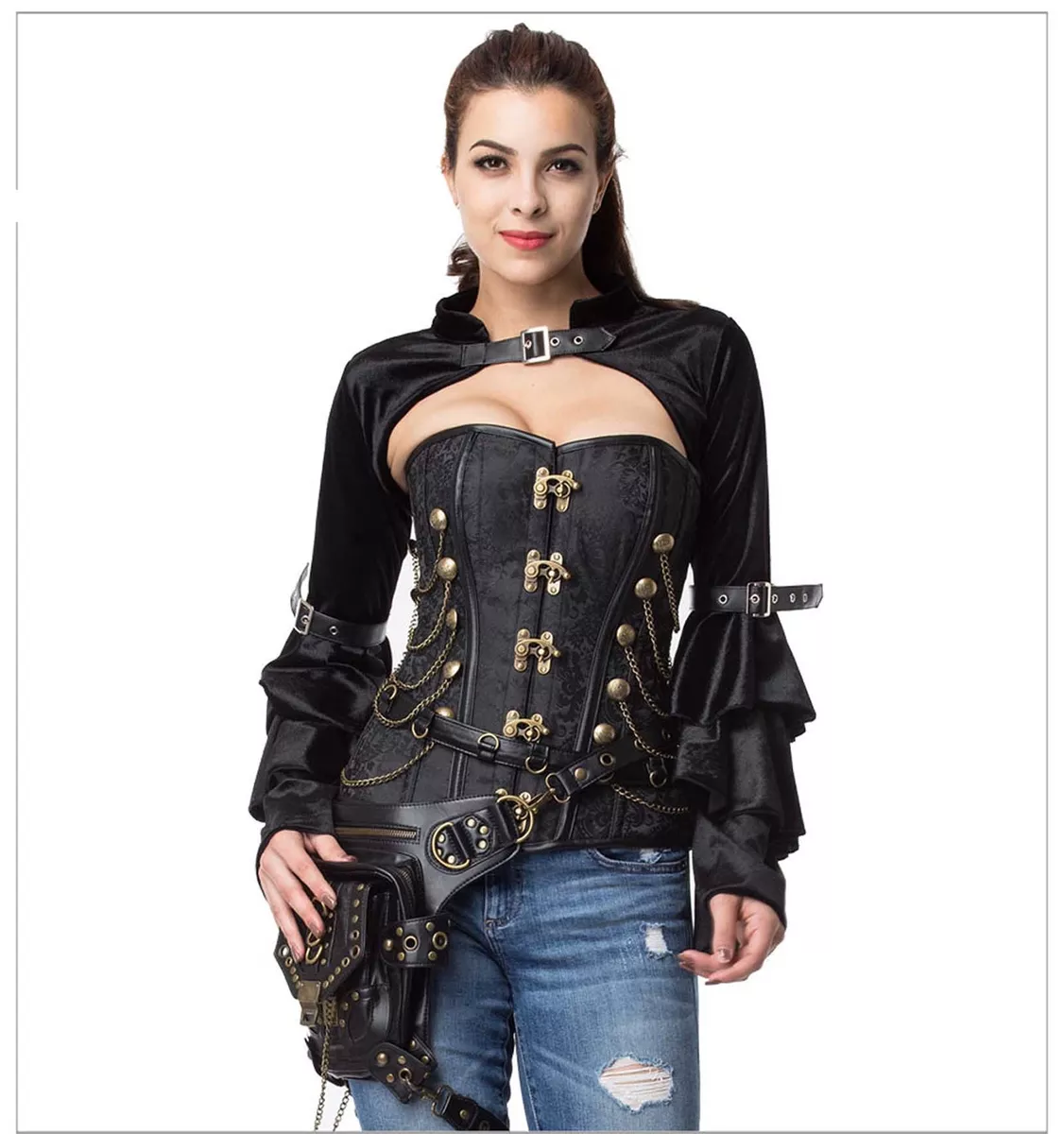 Womens Gothic Boned Black Steampunk Corset Top Costume Plus Size Gold