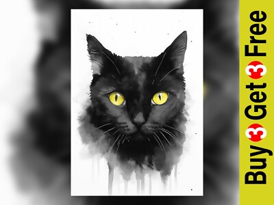 Mystic Charmer: Black Cat Portrait Watercolor Painting Print, Captivating  5''x7''