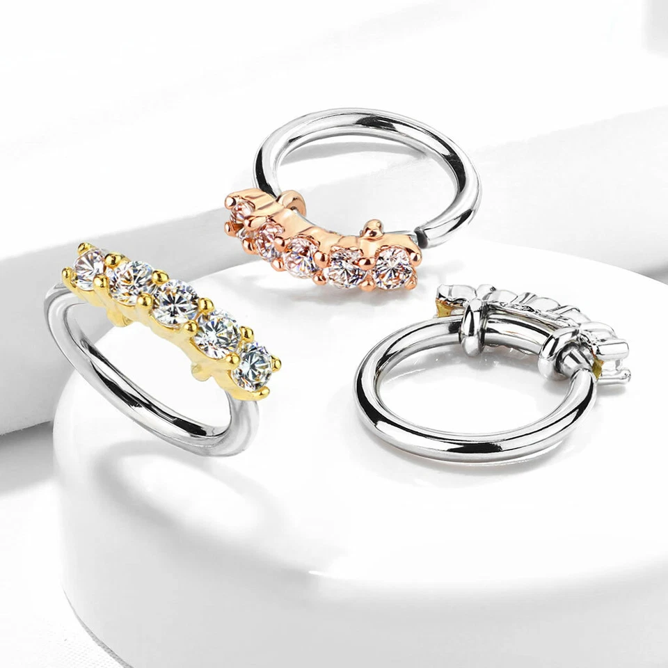 5 CZ Lined Hoop Nose Helix Daith Tragus Conch Cartilage Earrings Lip Rings - Image 2 of 4