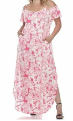 White Mark  Cold Shoulder Tie-Dye Maxi Dress Fuchsia Size-S