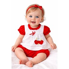 Vintage 1990s Cherry Embroidered Baby Outfit Bloomer Set 6  9M