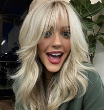 Platinum Blonde Synthetic Wig with Bangs Medium Length Layered Wigs for Women