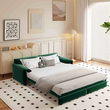 Queen Pull Out Sleeper Sofa Bed,Convertible Velvet Loveseat Couch w/Side Storage