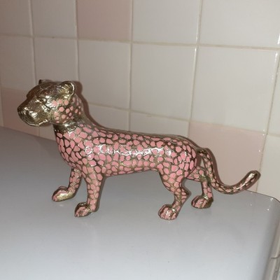 Beautiful Gold Tone with Pink Spots Leopard/Cheetah Figurine 8.2'' x 5'' tall