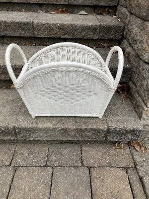 Vintage White Wicker Magazine Rack Basket - Image 1 of 4