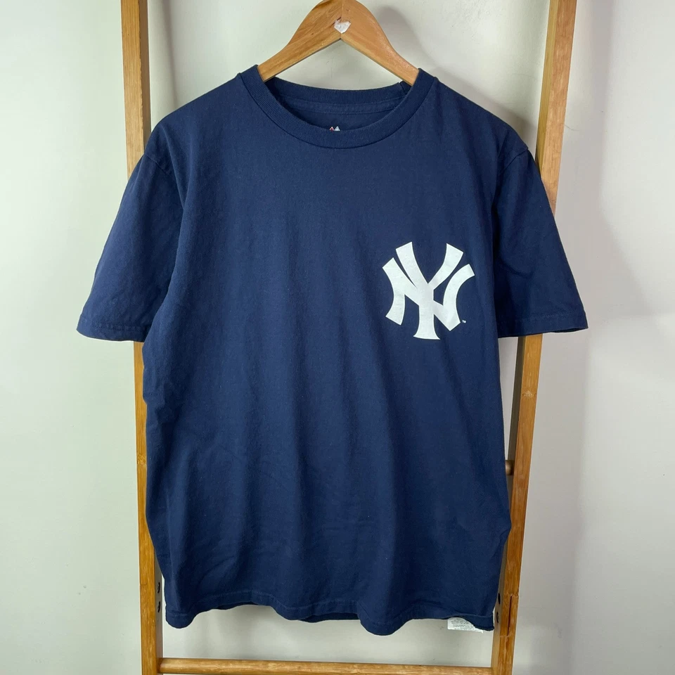 Majestic x New Yankees Shirt Mens Medium Blue Mark Teixeira Short Sleeve Cotton