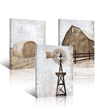 HOMEOART Farmhouse Wall Art Rustic Barn 12"x16"x3 Pieces, brown, beige