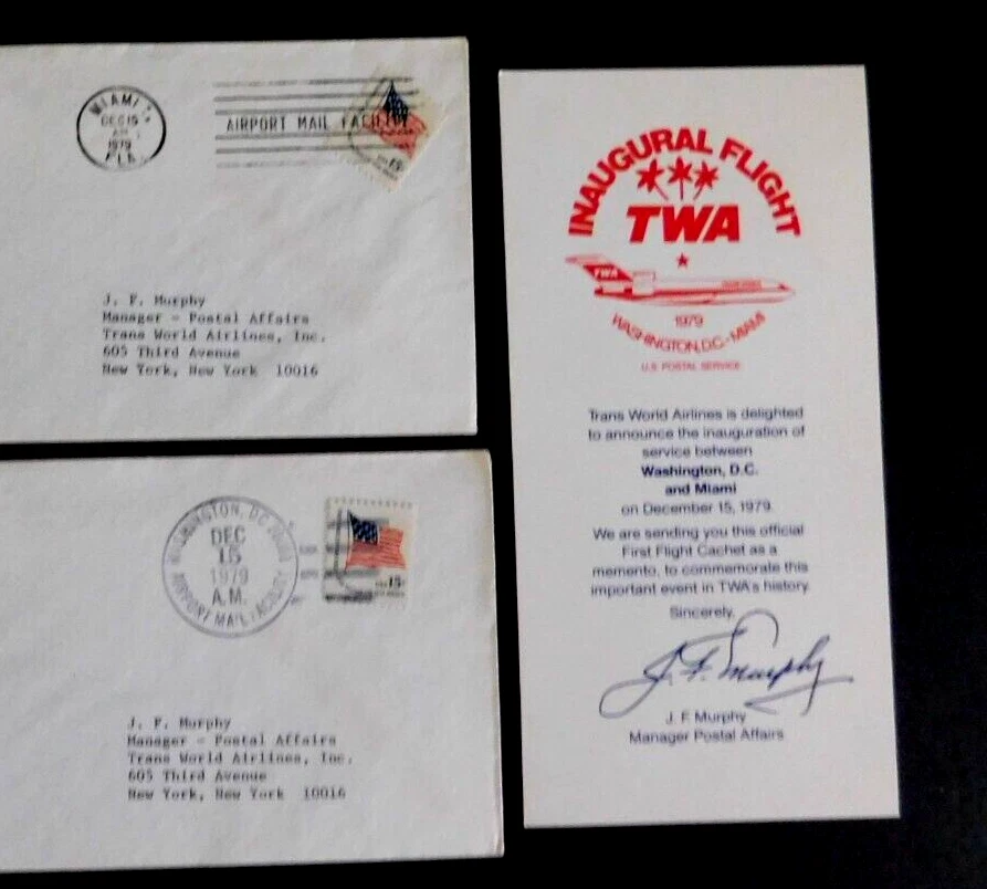 First Flight Wash DC to Miami, via TWA,  w/cards re service, backstamped, 1979 - Image 3 of 4