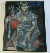 MYSTERY PAINTING MID CENTURY MODERN CUBIST CUBISM DARK PORTRAIT WOMAN FEMALE OLD
