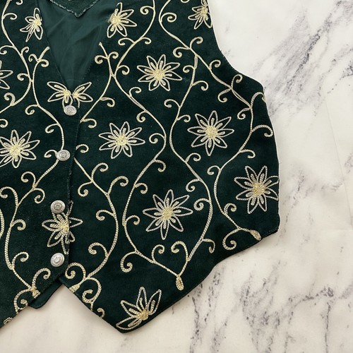 Gilet Cheynne donna vintage anni 90 pelle scamosciata taglia M verde ricamato western - Foto 3 di 9