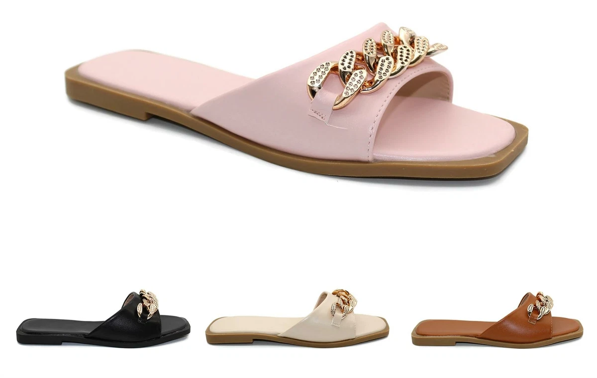 WOMENS LADIES FLAT SLIP ON CHUNKY CHAIN SUMMER SANDALS SLIDERS MULES SLIDES SIZE
