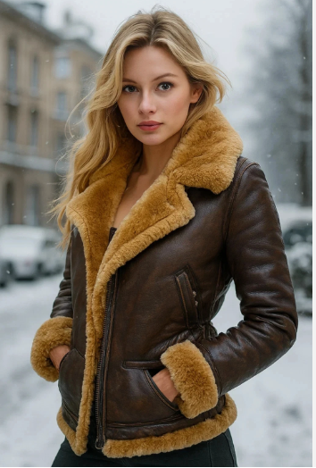 Women Hoodie Real RAF Aviator B3 Sheepskin Real Shearling Leather Bomber Jacket