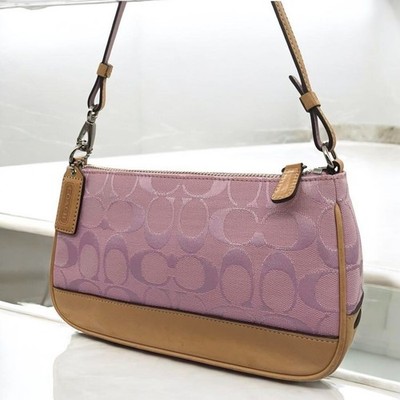 バッグ Coach Signature Demi Leather Pouch Pink Coach Signature Demi mini Pouch Hand Bag Canvas Leather Pink