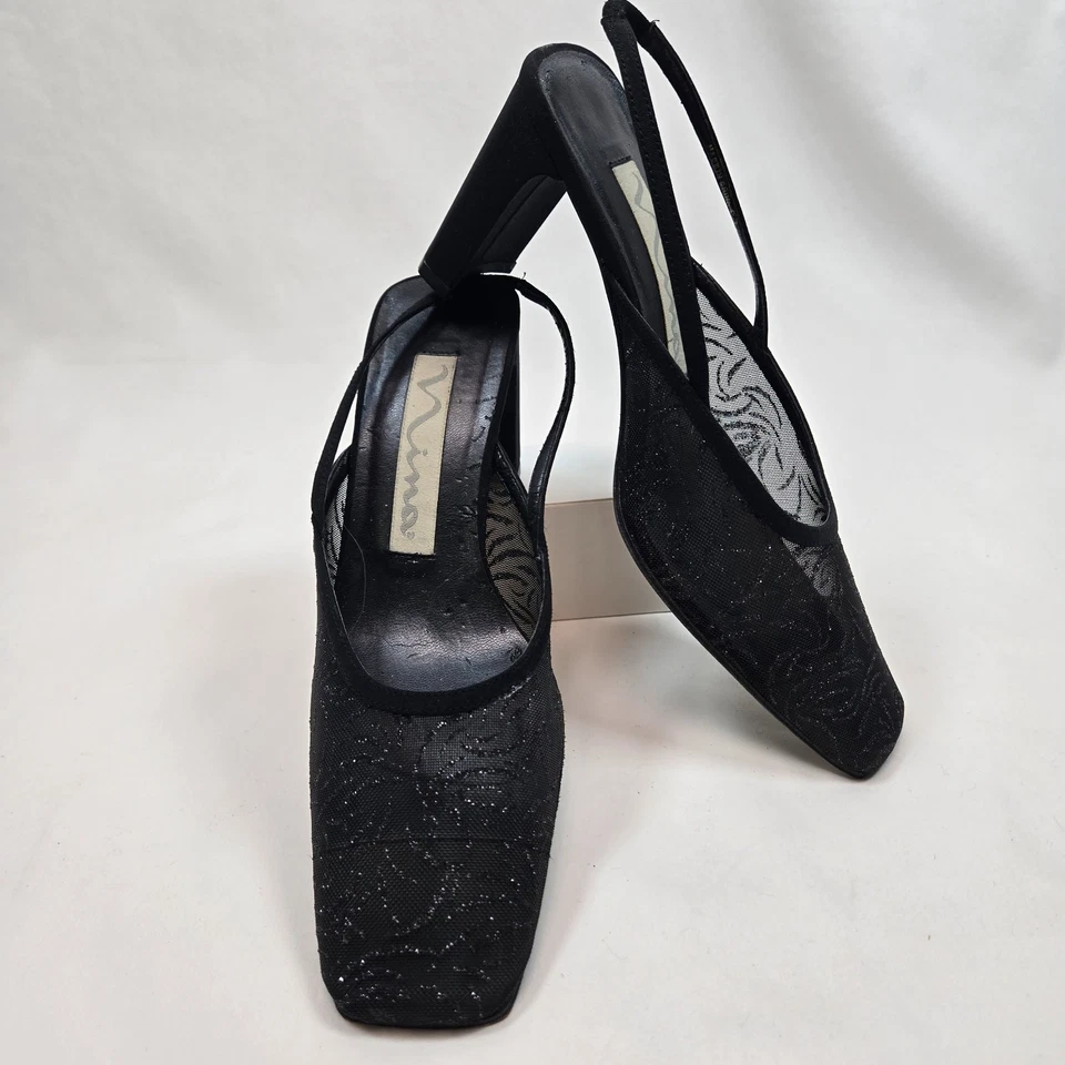 De colección Nina Negro Malla Brillante Cordón Mediano Puntera Cuadrada Talla 6M Tacón Bloque Foto 2 de 4