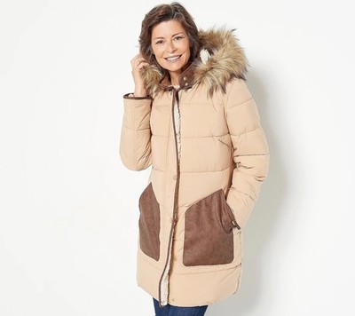 Dennis Basso Size XL Quilted Parka with Faux Fur Trim Hood CAMEL A462190