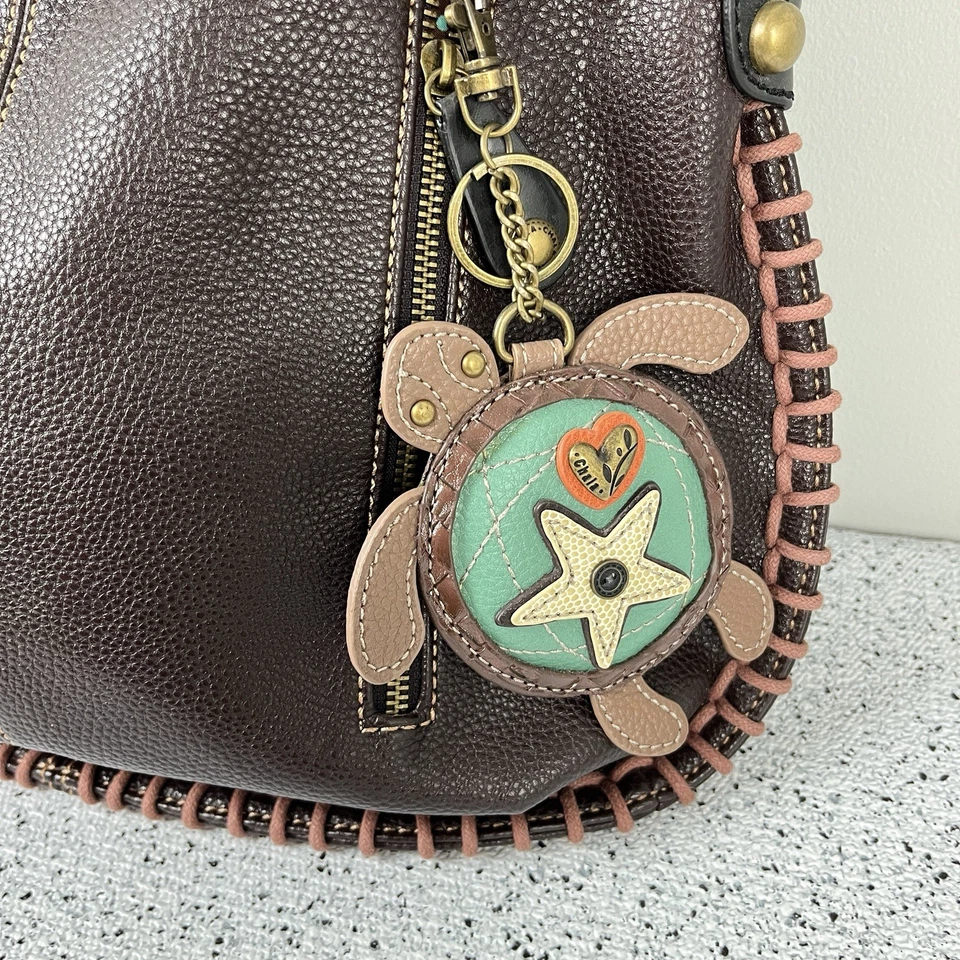 Chala Bolsos de Mano Cuero Marrón Oscuro Bolso de Hombro Cartera Tortuga Marina Llavero Foto 3 de 4