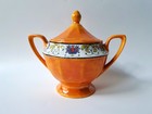 Beyer & Bock Porcelain Sugar Bowl with Lid, Orange, Black Trim (Germany c 1930s) — photo 1